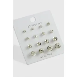 16 Adet Tek Taşlı Küpe-Gümüş Rengi