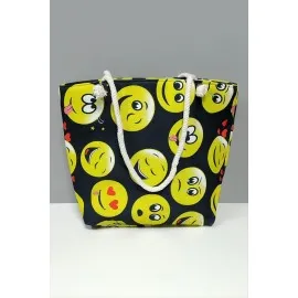 Emoji Desenli Plaj Çantası-Siyah