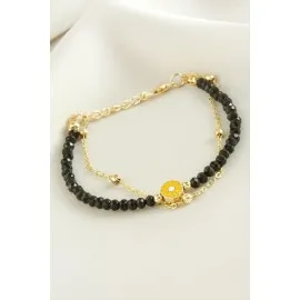 Papatya Zincir Kristal Bileklik-Siyah