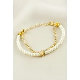 Yıldız Şerit Taşlı İnci Bileklik-Sarı