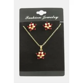 Çiçek Zirkon Taşlı Set Kolye-Renkli