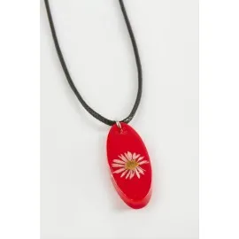 Papatya Oval Epoksi Kolye-Kırmızı