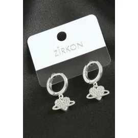 Kalp Zirkon Taşlı Küpe-Gümüş Rengi
