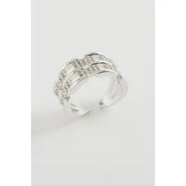 Zincir Şekilli Zirkon Taşlı Yüzük-Gümüş Rengi