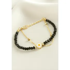 Papatya Zincir Kristal Bileklik-Siyah