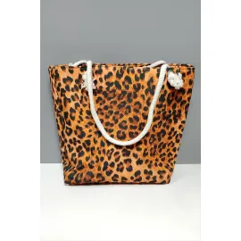 Leopar Desenli Plaj Çantası-Kahverengi