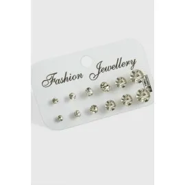 12 Adet Tek Taşlı Küpe-Gümüş Rengi