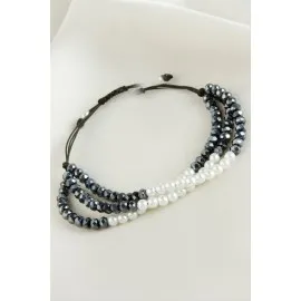 İncili Üçlü Kristal Bileklik-Antrasit