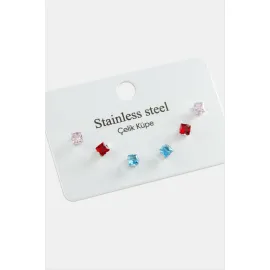 6 Adet Kare Zirkon Tek Taşlı Çelik Küpe-Renkli