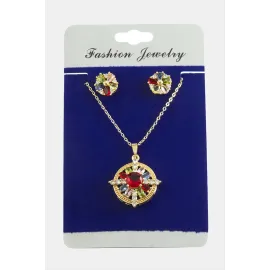 Çiçek Zirkon Taşlı Set Kolye-Renkli