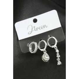 3 Adet Damla Zirkon Taşlı Küpe-Gümüş Rengi