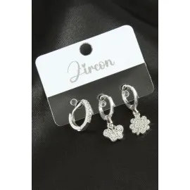 3 Adet Kelebek Yonca Zirkon Taşlı Küpe-Gümüş Rengi