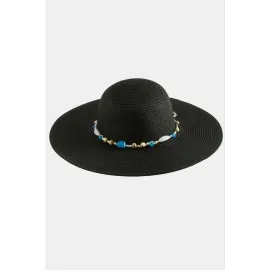 Boncuklu Hasır Şapka-Siyah