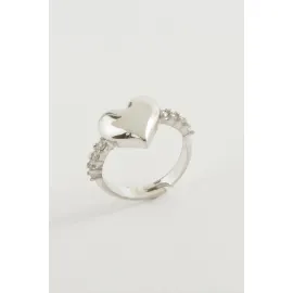 Kalp Taşlı Metal Yüzük-Gümüş Rengi