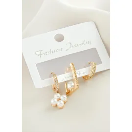 3 Adet Çiçek İnci Zirkon Taşlı Küpe-Sarı