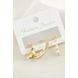 3 Adet Dorika İnci Zirkon Taşlı Küpe-Gümüş Rengi