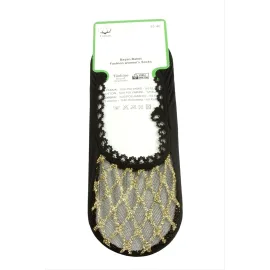 Çizgili Dantel Babet Çorap-Siyah