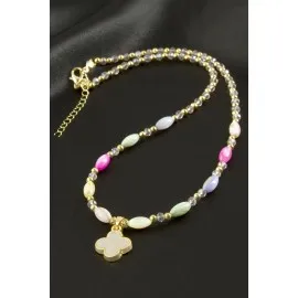 Çiçek Sedef Cam Boncuk Kristal Kolye-Sarı