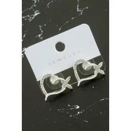 Kalp Kelebek Zirkon Taşlı Küpe-Gümüş Rengi