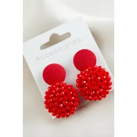 Düğme Kristal Küpe-Kırmızı