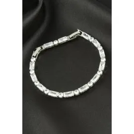 Dikdörtgen Zirkon Taşlı Lüks Kararmaz Bileklik 4X9 Mm-Gümüş Rengi