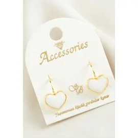 Kalp Mineli Klipsi Küpe-Beyaz