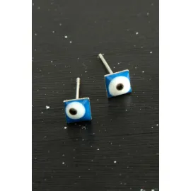 Mavi Renkli Kare Nazar Mineli Minik Küpe 1 Çift-Mavi