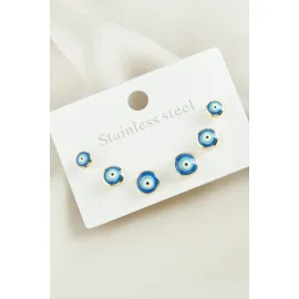 6 Adet Nazar Mineli Çelik Küpe-Sarı