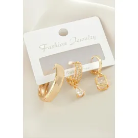 3 Adet Baget Zirkon Taşlı Küpe-Sarı