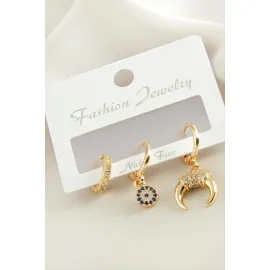 3 Adet Hilal Zirkon Taşlı Küpe-Sarı