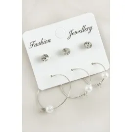 6 Adet İnci Taşlı Halka Küpe 2,5 Cm-Gümüş Rengi