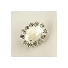 Oval İnci Taşlı Broş-Beyaz