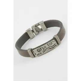 Çini Desenli Suni Deri Bileklik-Kahverengi