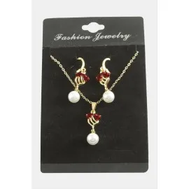 Çiçek İnci Zirkon Taşlı Set Kolye-Kırmızı