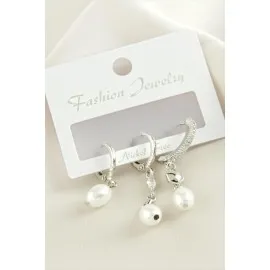 3 Adet Oval İnci Zirkon Taşlı Küpe-Gümüş Rengi