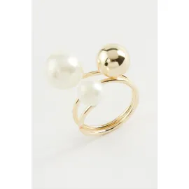 Yuvarlak İnci Metal Yüzük-Sarı