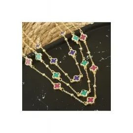 Çiçek Mineli Yeni Sezon Zincir Kolye 45 cm-Mavi