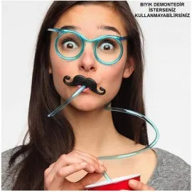 Pipetli Parti Gözlüğü - Çocuk Ve Yetişkin Bıyıklı Pipet Gözlük Mavi Renk 18X14 Cm