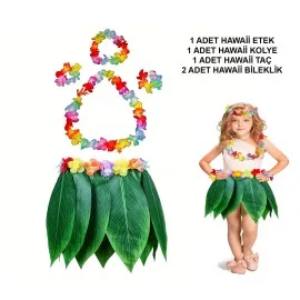Çocuk Hawaii Kostüm Seti - Yaprak Etek & Hawaii Set - 5 Parça