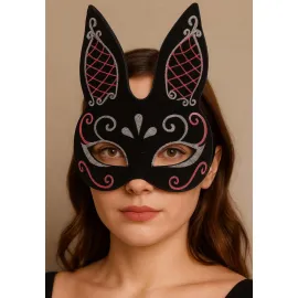 Siyah Renk Kırmızı Beyaz Simli Siyah Süet Kaplama Tavşan Maskesi 18x16 cm