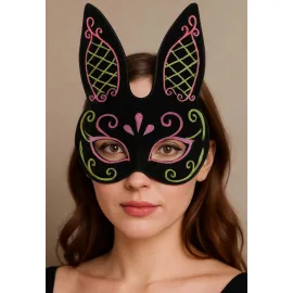 Siyah Renk Pembe Gold Simli Siyah Süet Kaplama Tavşan Maskesi 18x16 cm