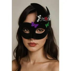 Siyah Renk İncili Taşlı Süet Kaplama Venedik Parti Maskesi 20x22 cm