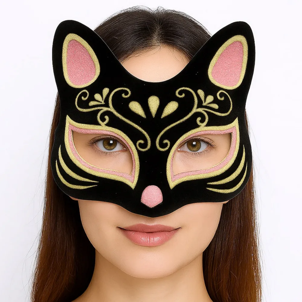 Siyah Renk Süet Kaplama Üzeri Pembe Sarı Simli Kedi Maskesi 17x14 cm