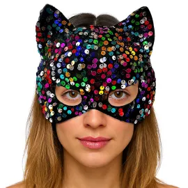 Siyah Kadife Kumaş Üzerine Rengarenk Payetli Pullu Parti Maskesi 16x14 cm