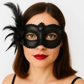 Siyah Mat Renk Yandan Tüylü Güllü Parti Balo Venedik Maskesi 16x22