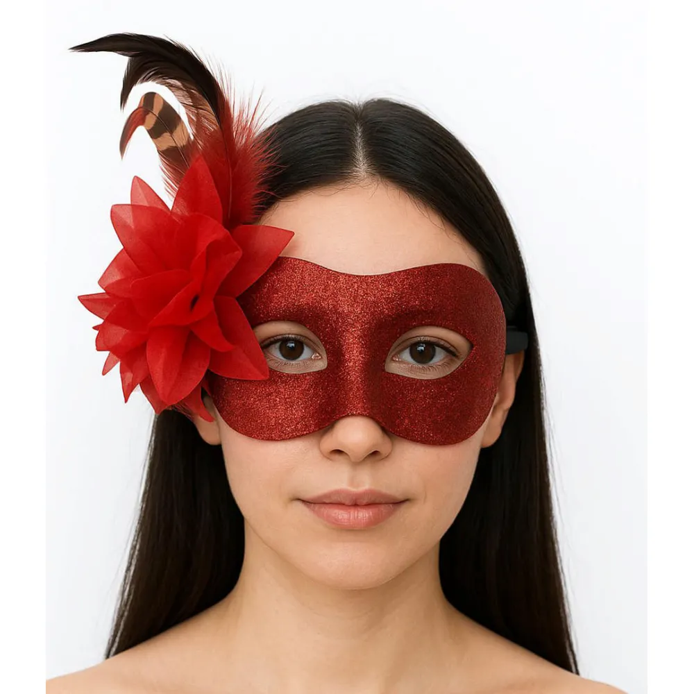 Kırmızı Renk Metalize Sim Görünümlü Parlak Tüylü Parti Maskesi 22x19 cm