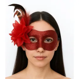 Kırmızı Renk Metalize Sim Görünümlü Parlak Tüylü Parti Maskesi 22x19 cm