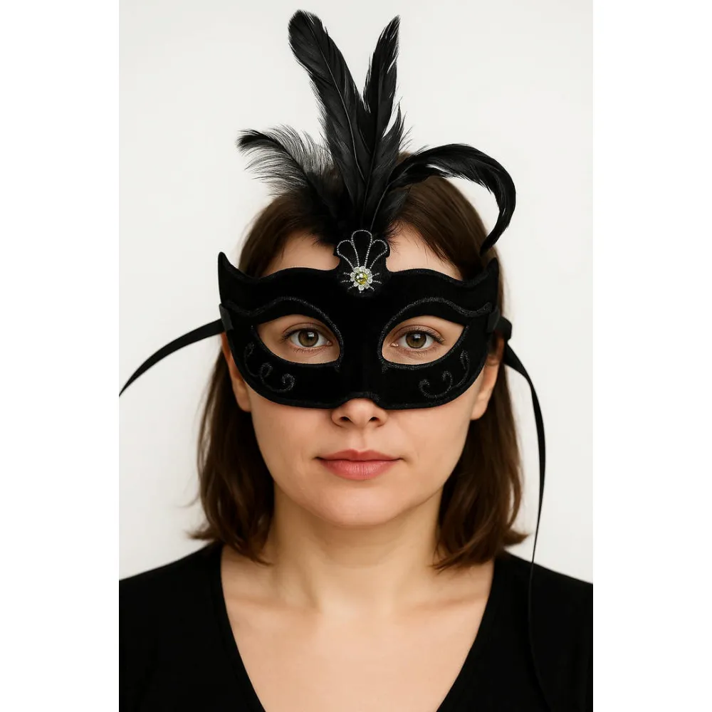 Siyah Renk Tüylü Siyah Süet Kaplama Parti Balo Maskesi 20X16 cm