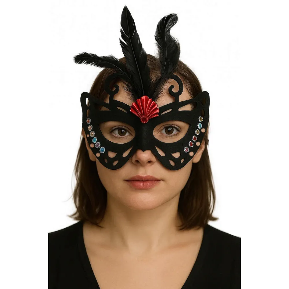 Siyah Renk Siyah Süet Kaplama Tüylü Kelebek Figür Parti Maskesi 24x18 cm