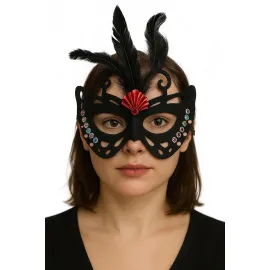 Siyah Renk Siyah Süet Kaplama Tüylü Kelebek Figür Parti Maskesi 24x18 cm